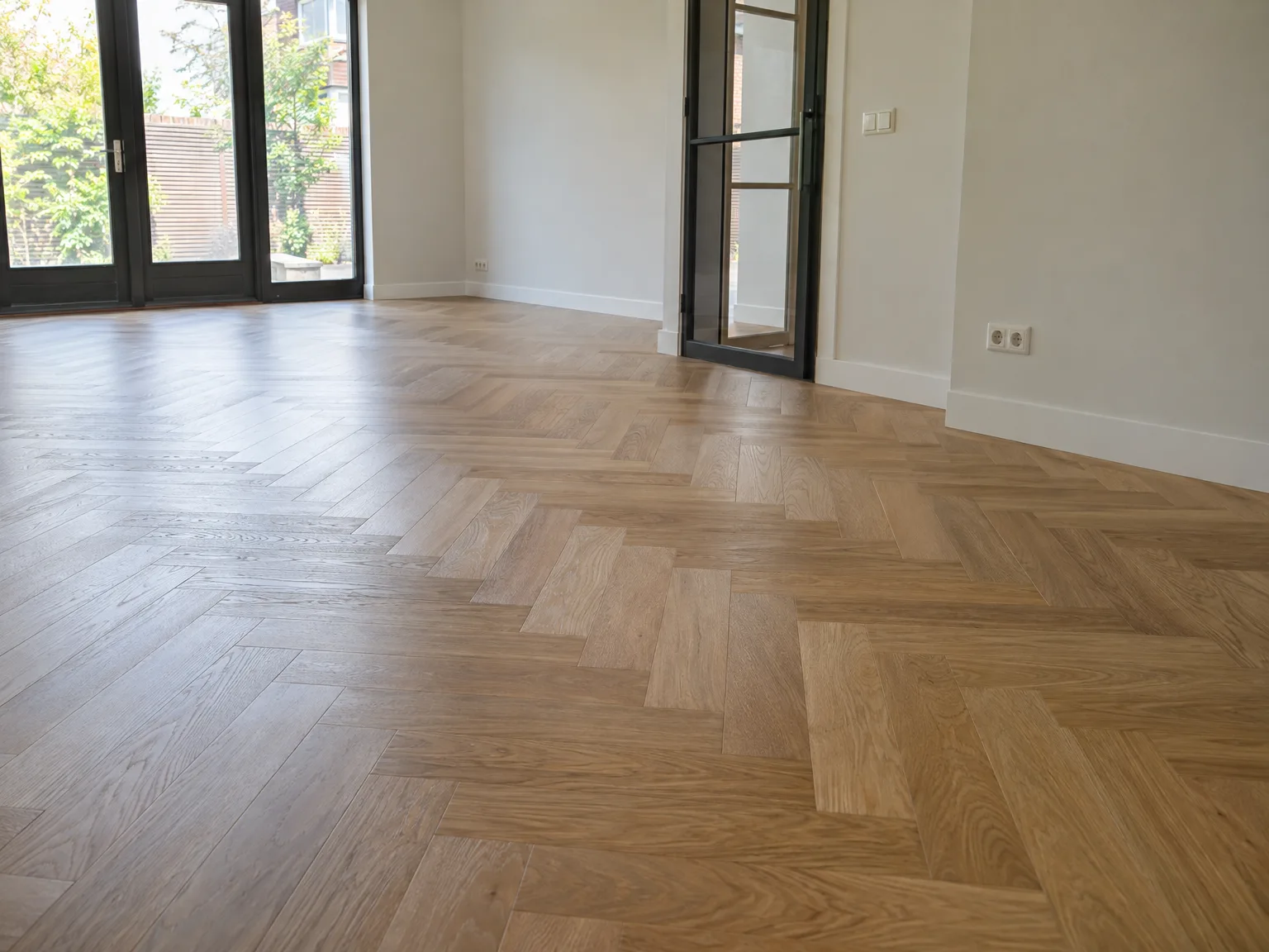 Nieuw geplaatste houten vloer in visgraatmotief in lichte kamer met witte wanden en zwarte raamkozijnen