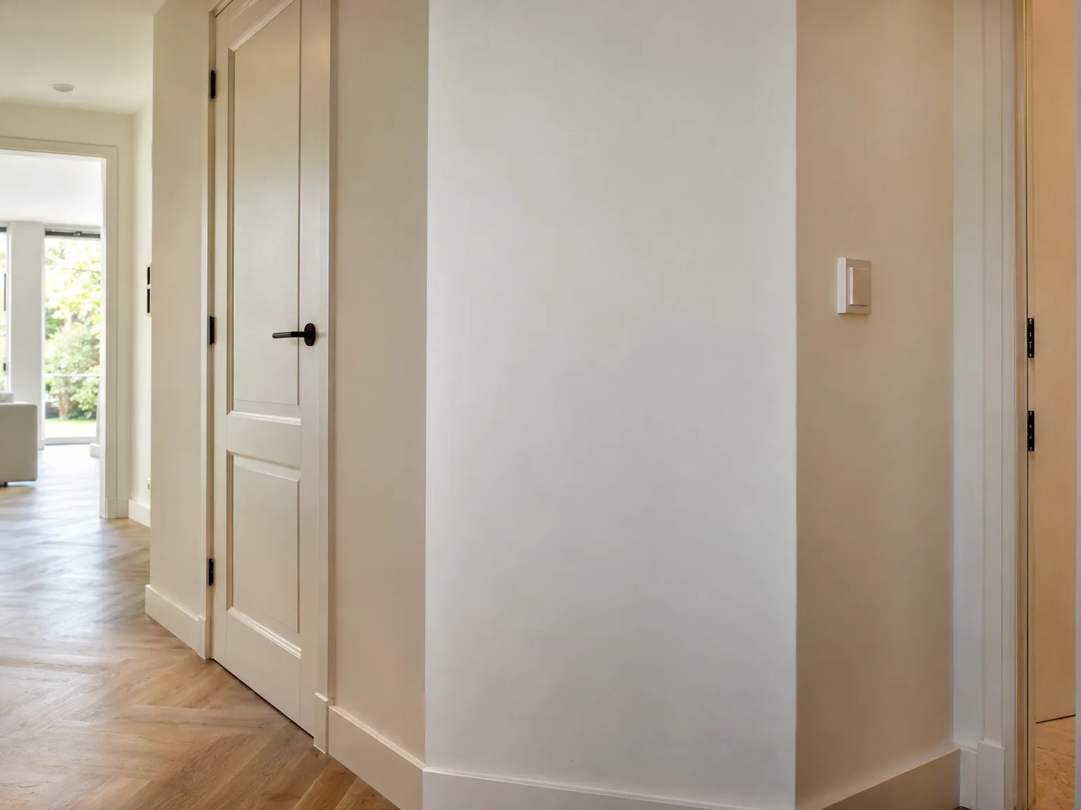 Witte houten deuren en inbouwkasten in modern interieur met parketvloer