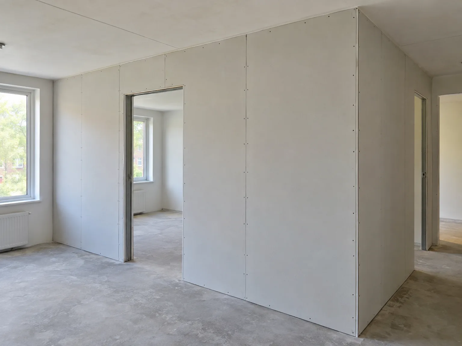 Gipsplaten scheidingswanden in nieuw interieur met betonnen vloer en moderne ramen