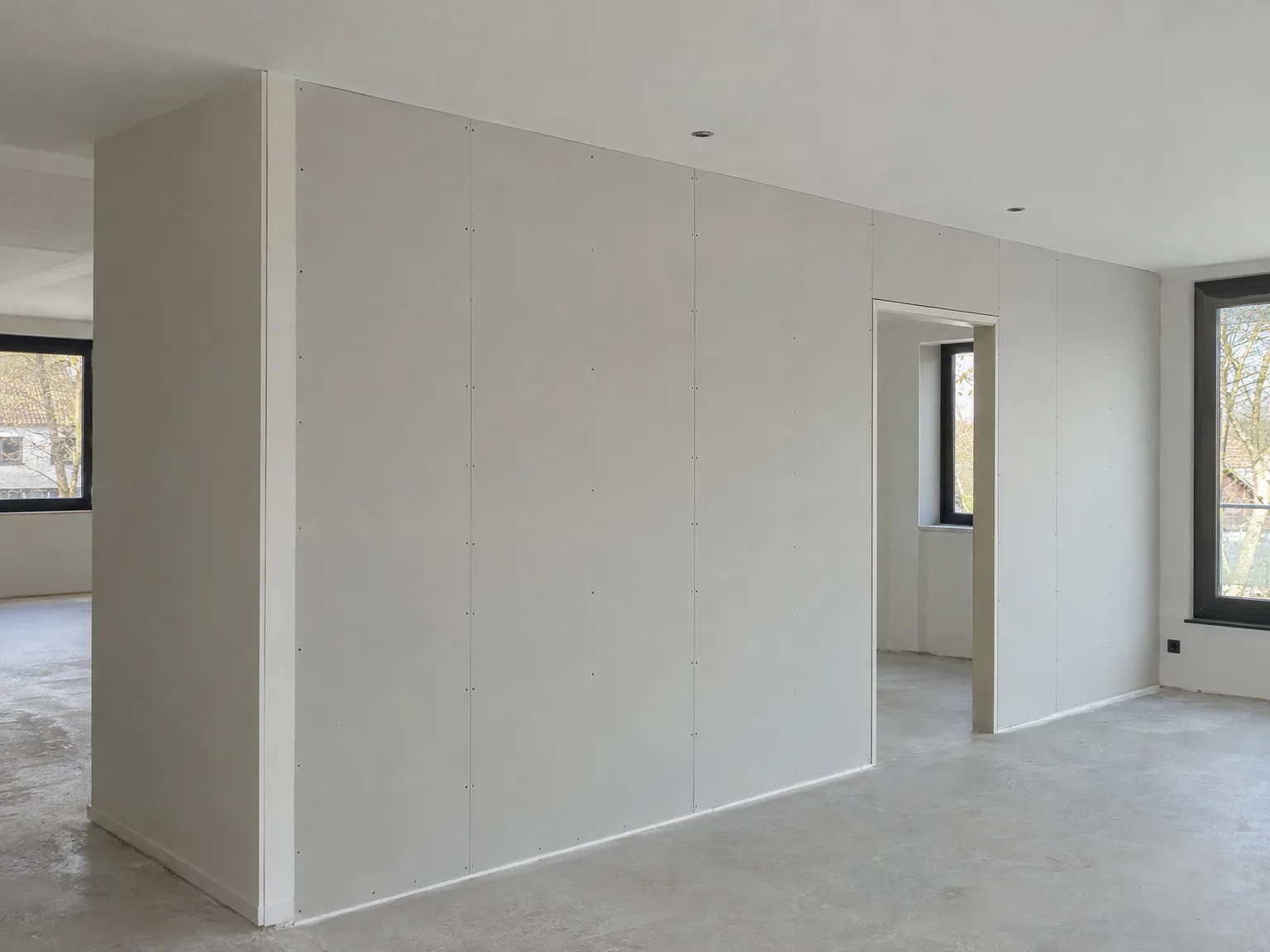 Gipsplatenwand met deuropening, professioneel gemonteerd en klaar voor spachteling