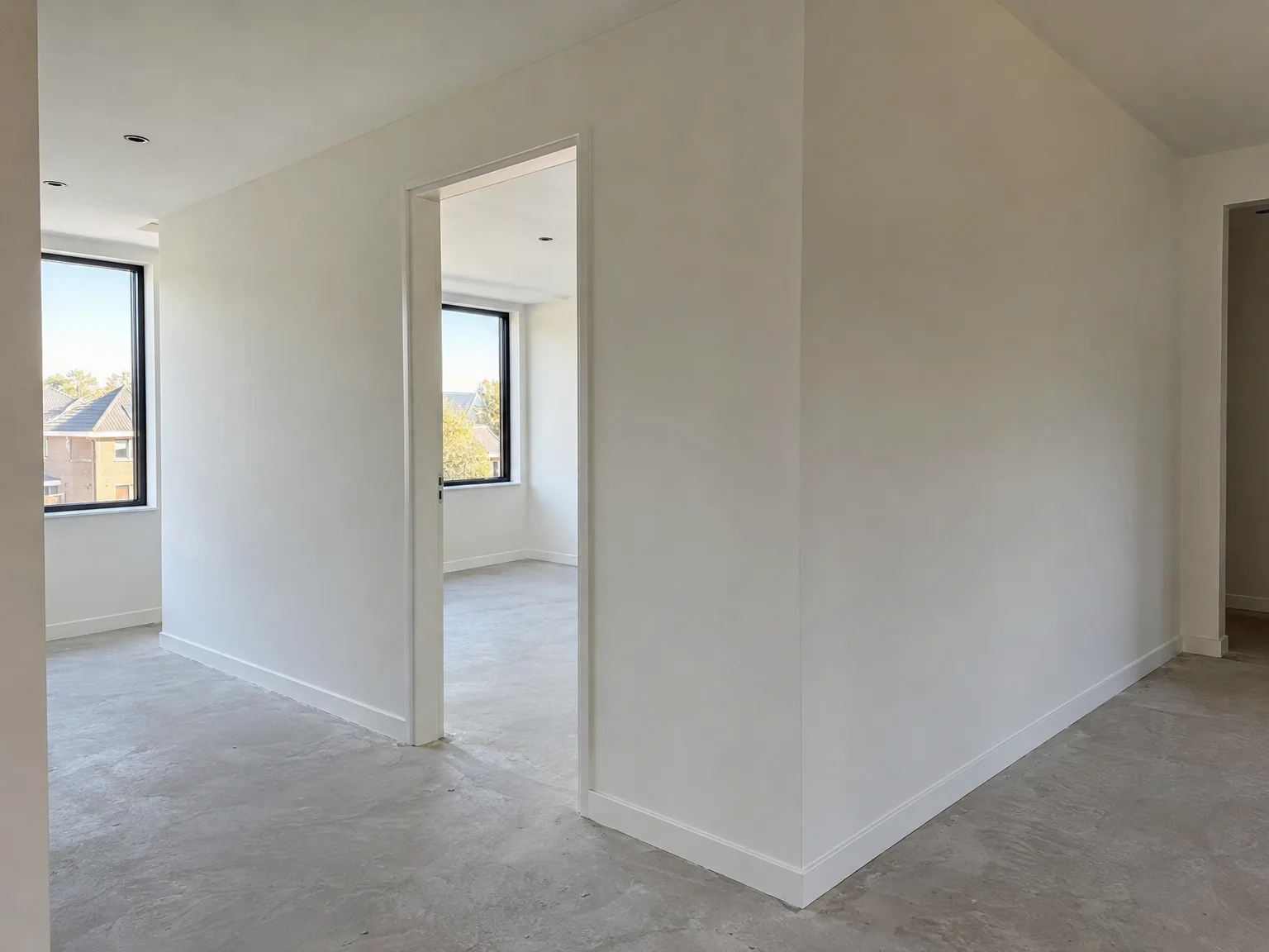 Afgewerkte gipsplaten wanden, verlaagd plafond met inbouwlampen en moderne ramen in oplevering