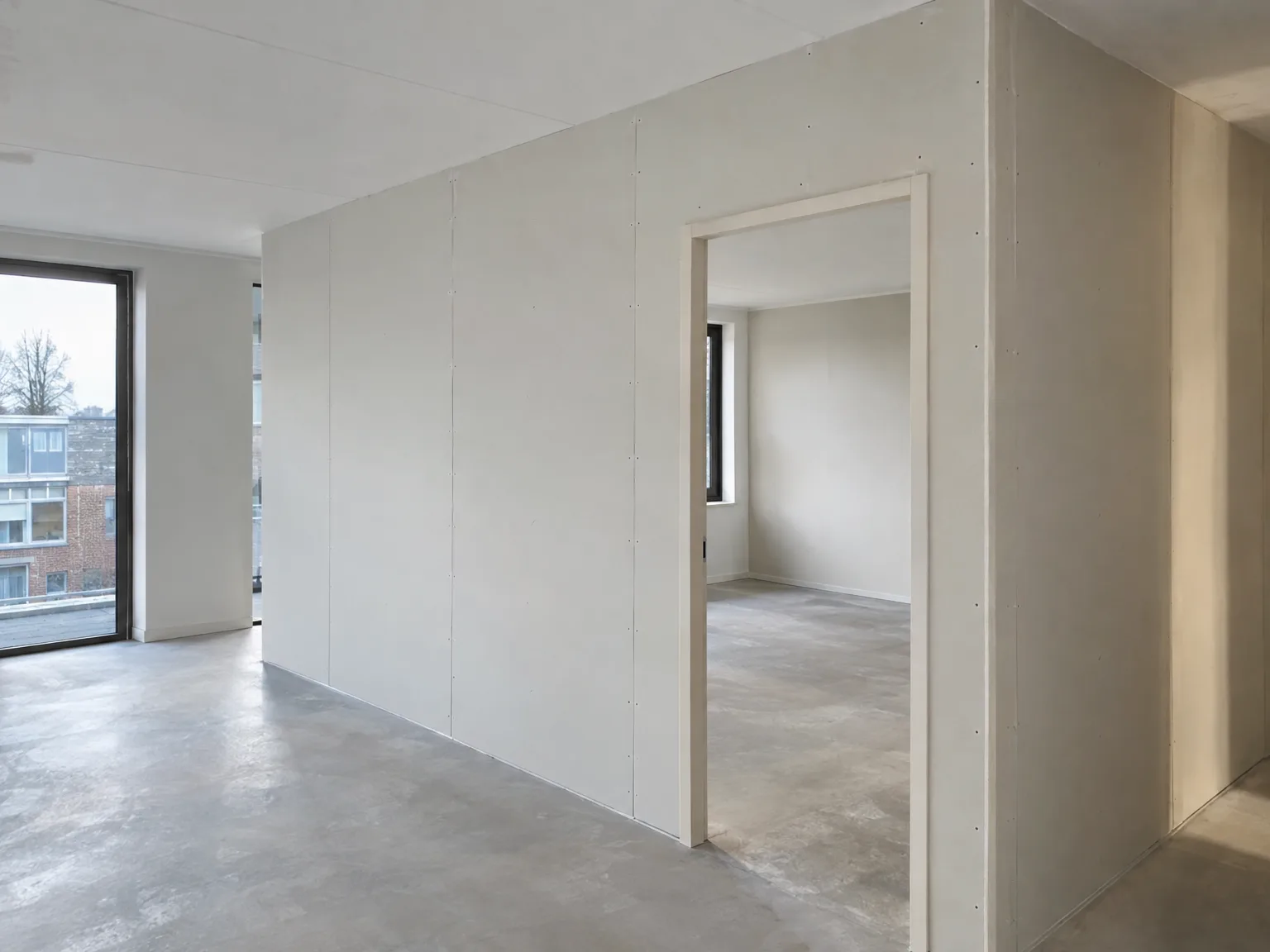 Afwerking van gipsplaten wanden en deuren in modern interieur met egaliseerde betonnen vloer