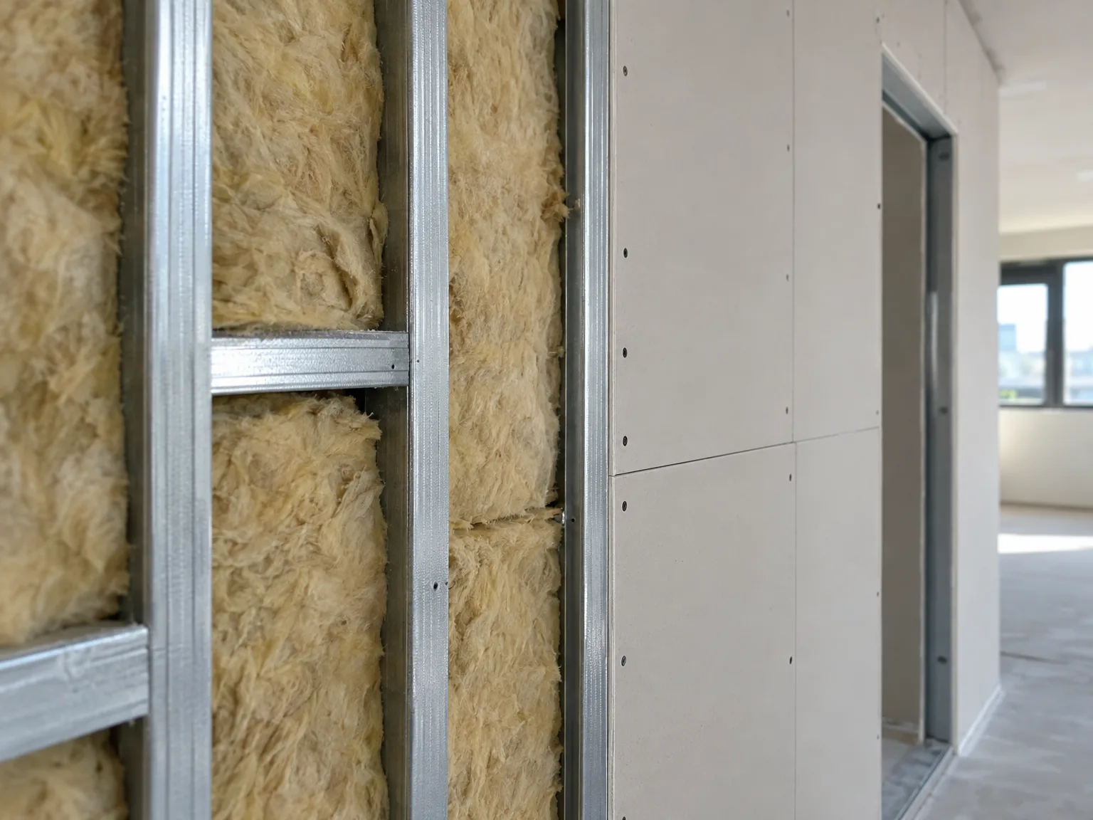 Metalstud scheidingswand met minerale isolatie tijdens afbouw van woning