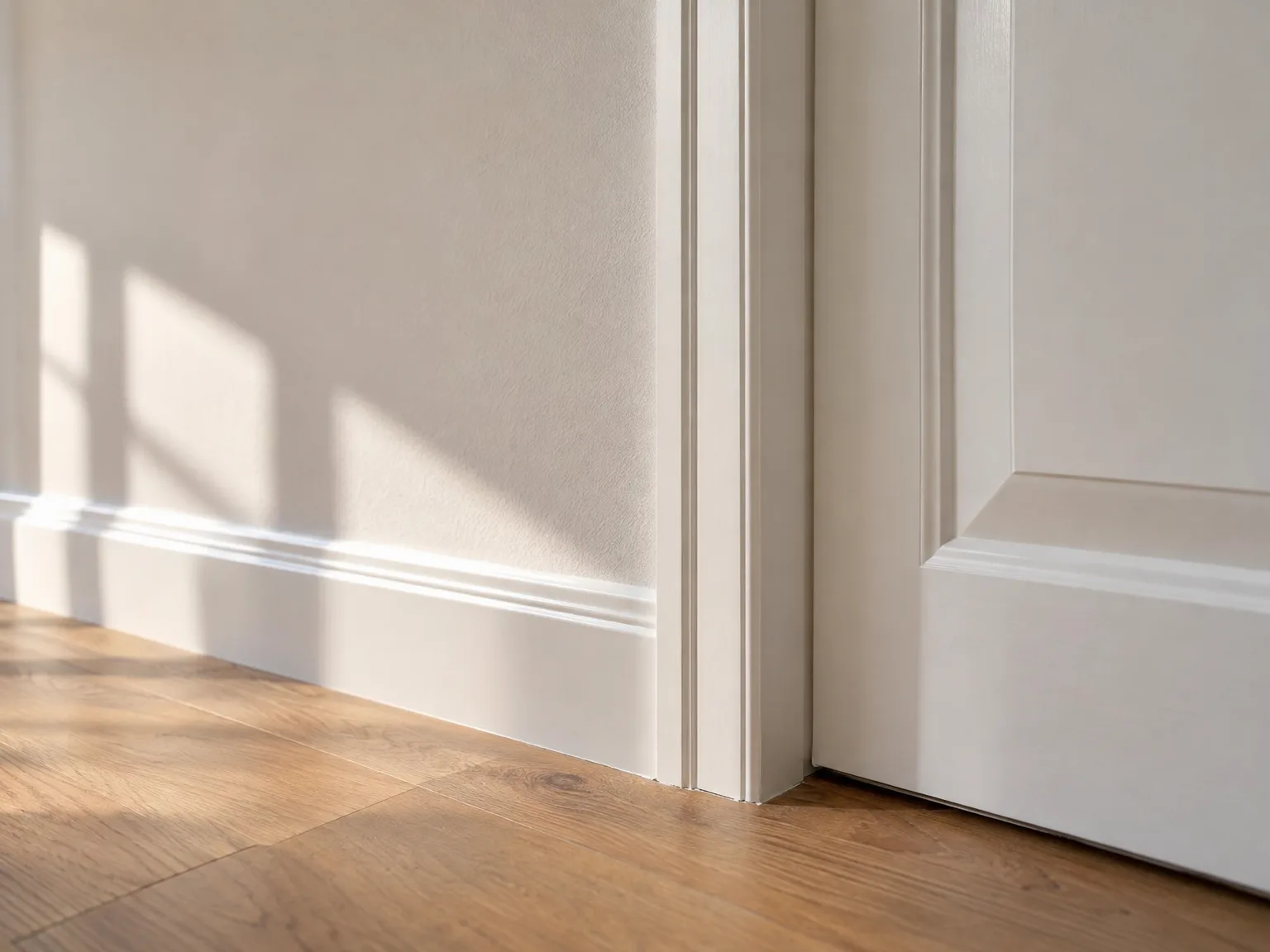 Gipsplaten wand met houten vloer en witte sokellijst afwerking