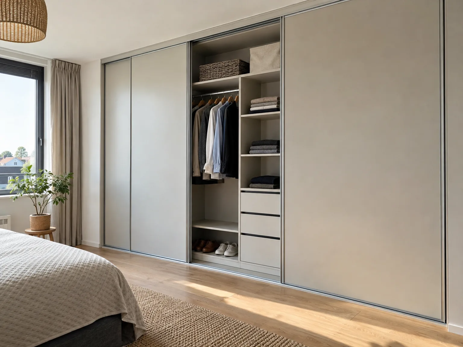 Moderne inbouwkast met schuifdeuren in slaapkamer, voorzien van kledinghanger, planken en laden