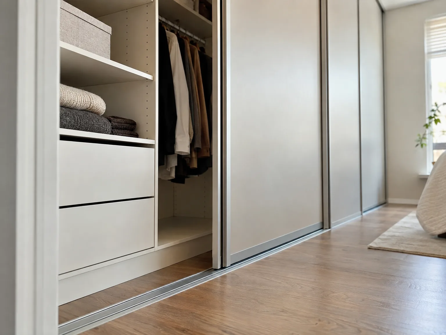 Moderne inbouwkast met schuifdeuren en open planken vol textiel en kleding