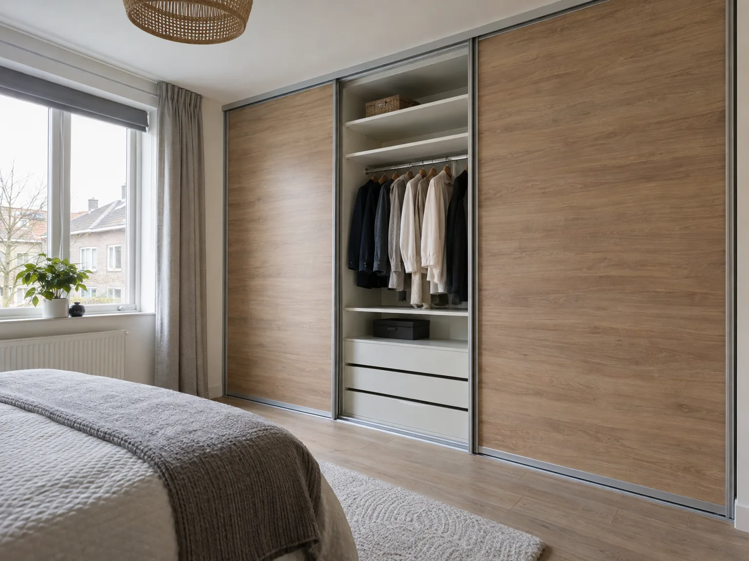 Houten schuifdeurkast met hangende kledingorganisatie in moderne slaapkamer