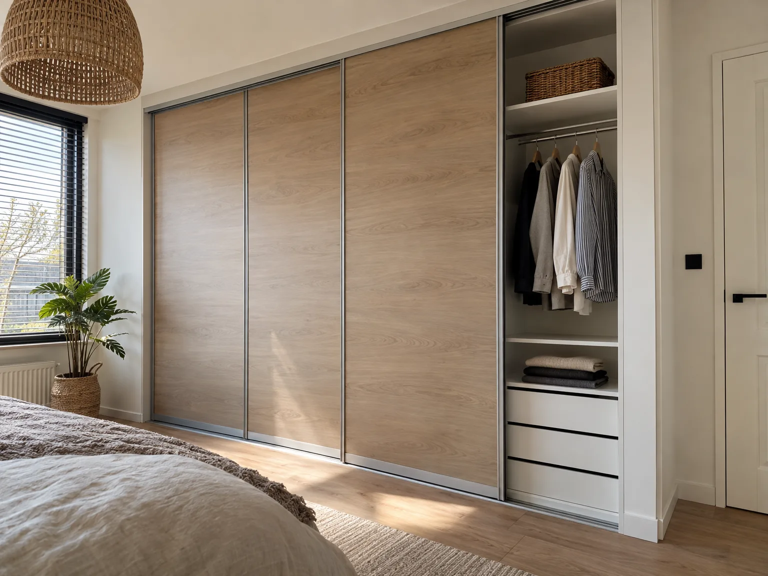 Inbouwkast met houten schuifdeuren en open opberging in moderne slaapkamer