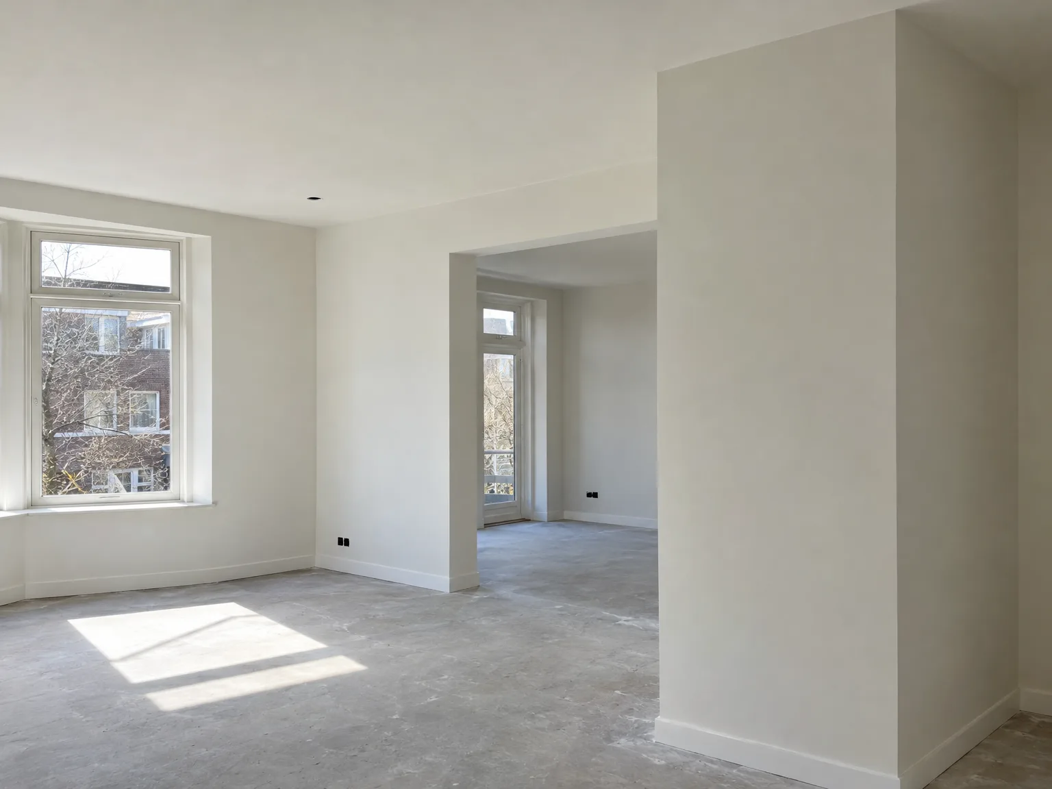 Afgewerkt nieuwbouw interieur met gipsplaten wanden en geëgaliseerde vloer