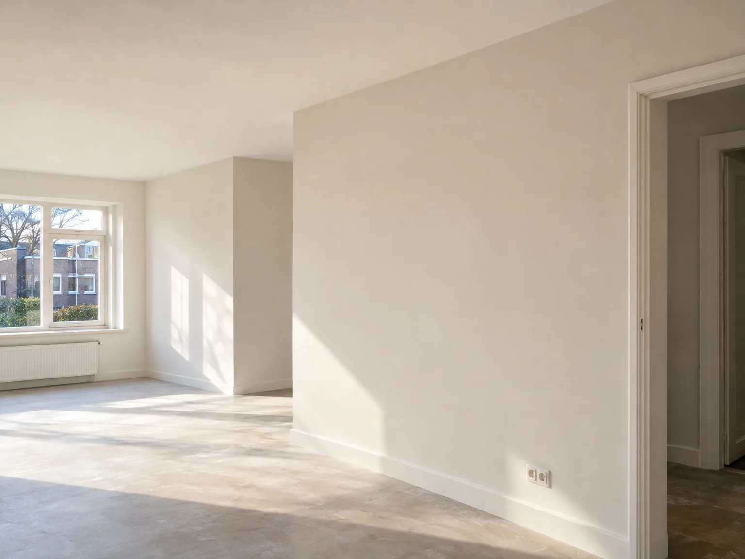 Afgebouwde woonkamer met gipsplaten wanden en houten vloer, klaar voor oplevering