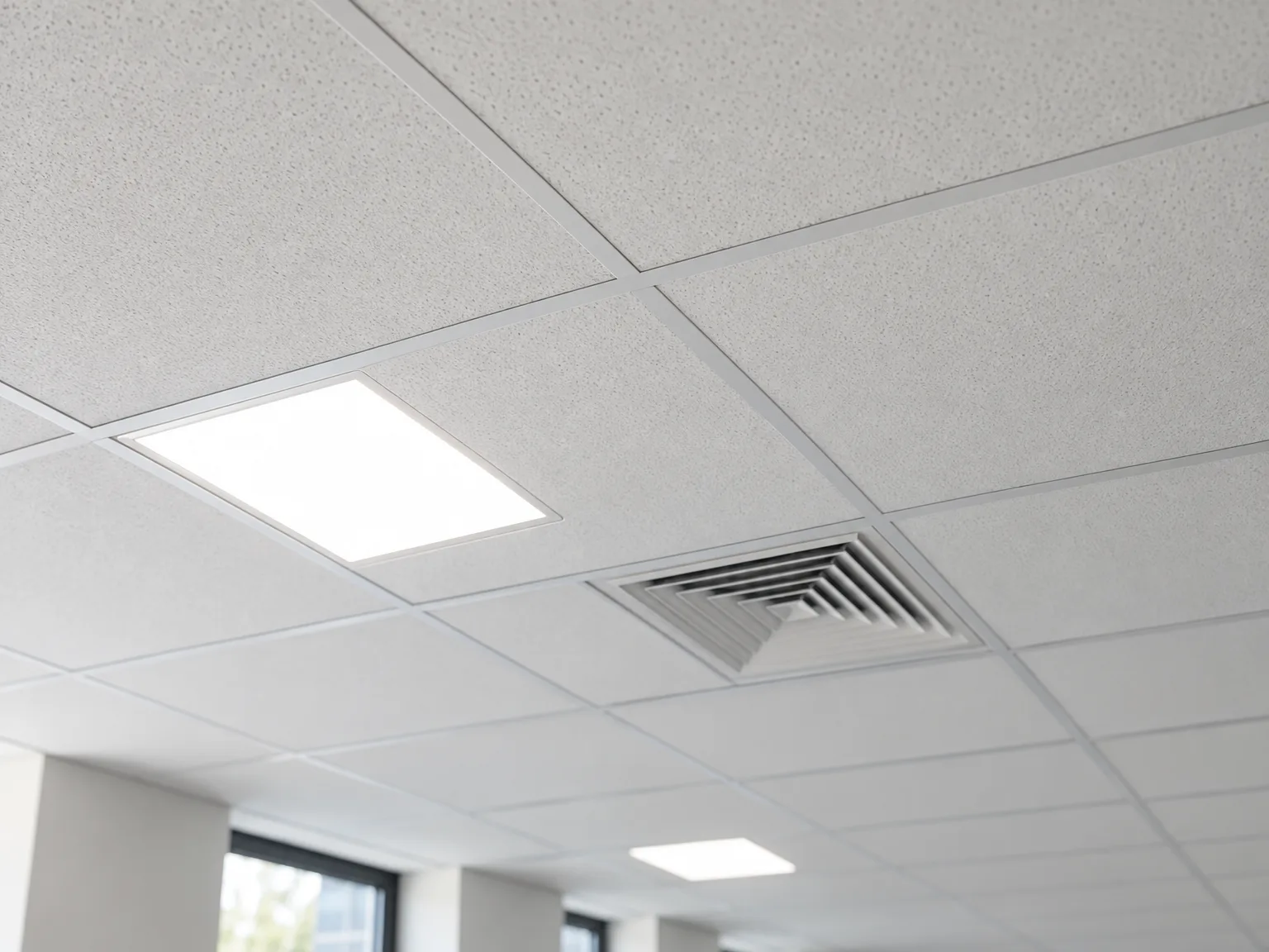 Professioneel geïnstalleerd systeemplafond met LED-verlichting en ventilatieuitlaat