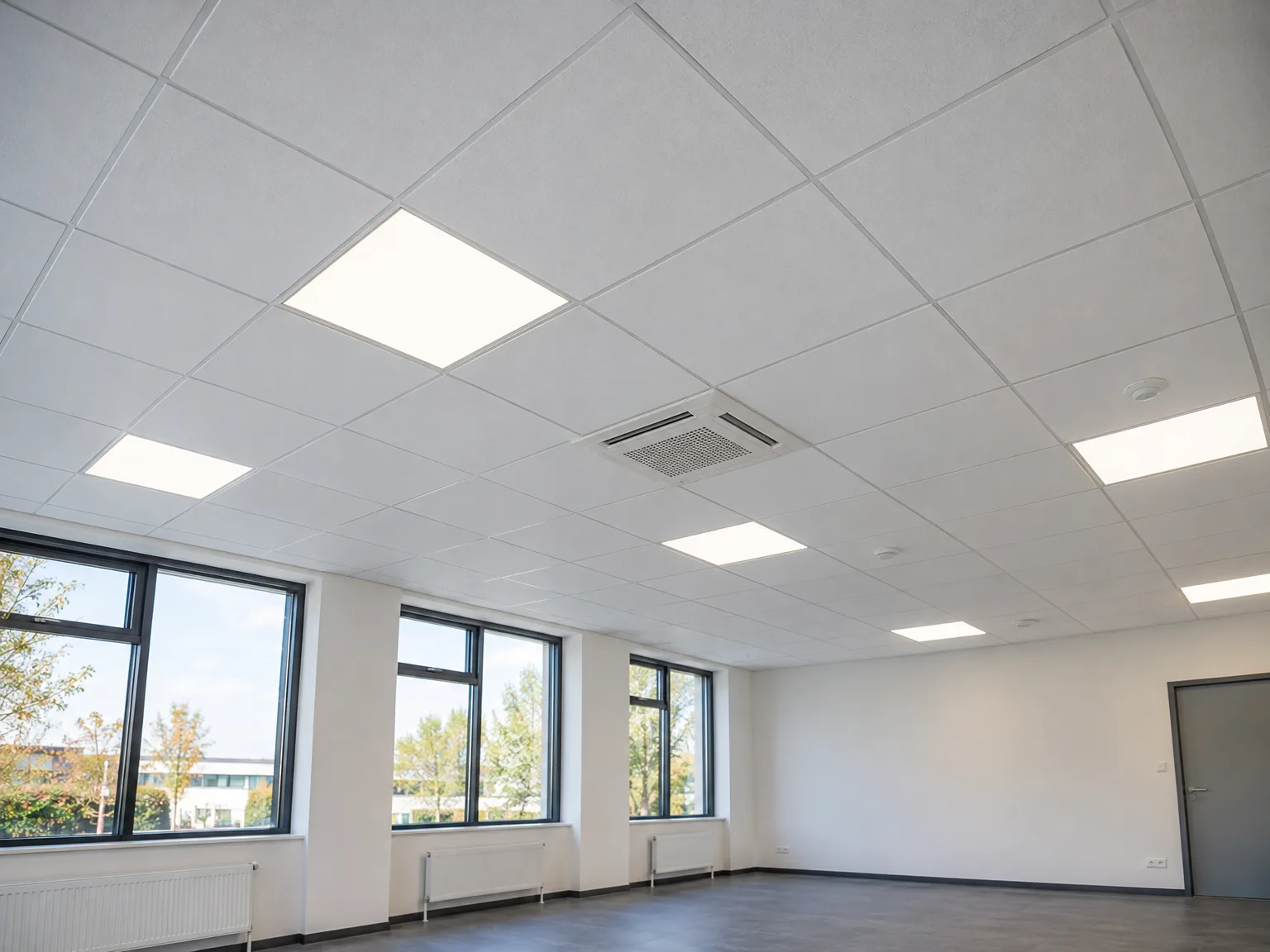 Systeemplafond met LED-verlichting in afgebouwde kantoorruimte