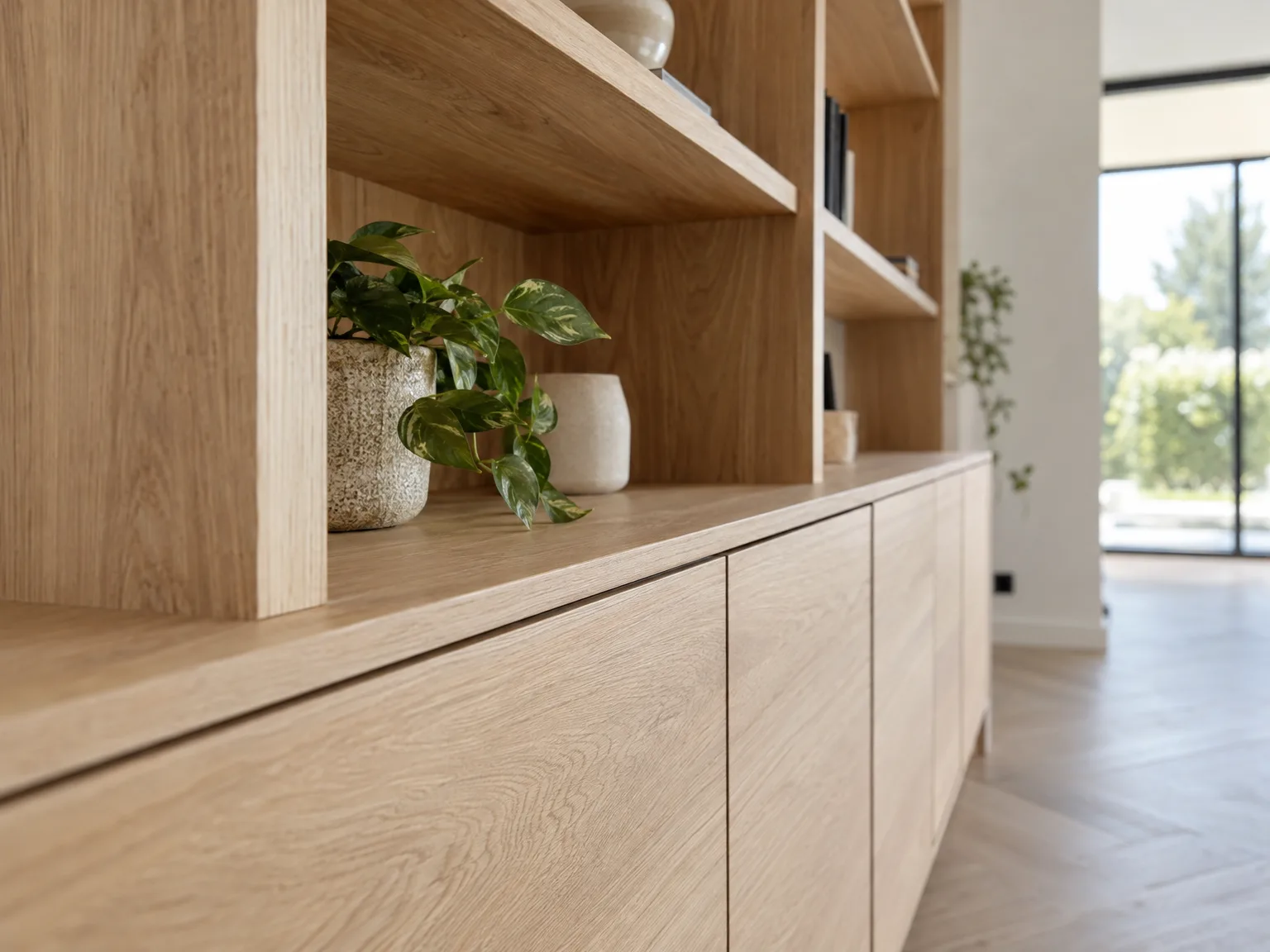 Houten inbouwkasten met open planken, verlichting en decoratieve potplanten