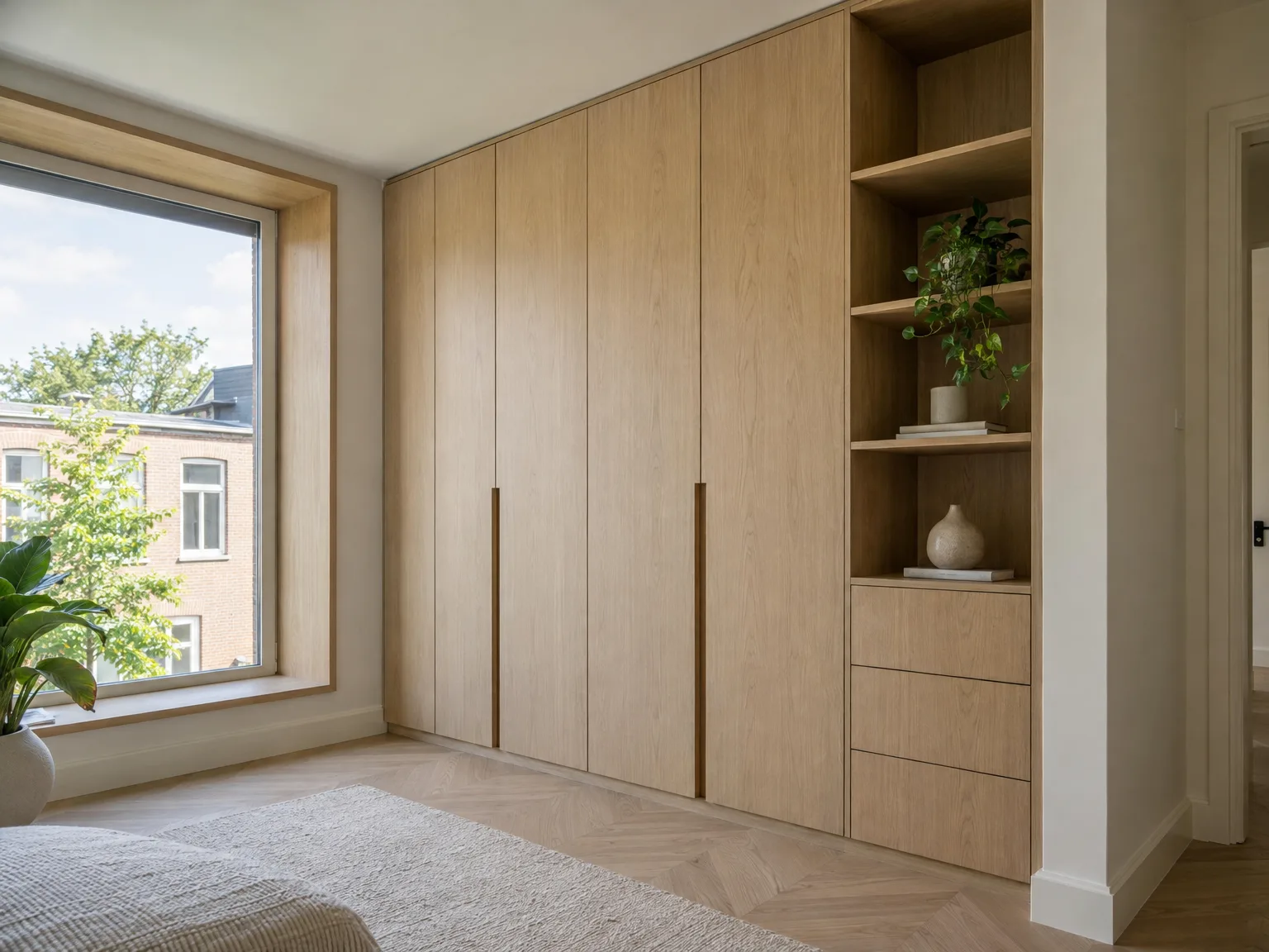 Maatwerk inbouwkast van licht eikenhout met schuifdeuren en open planken in moderne slaapkamer