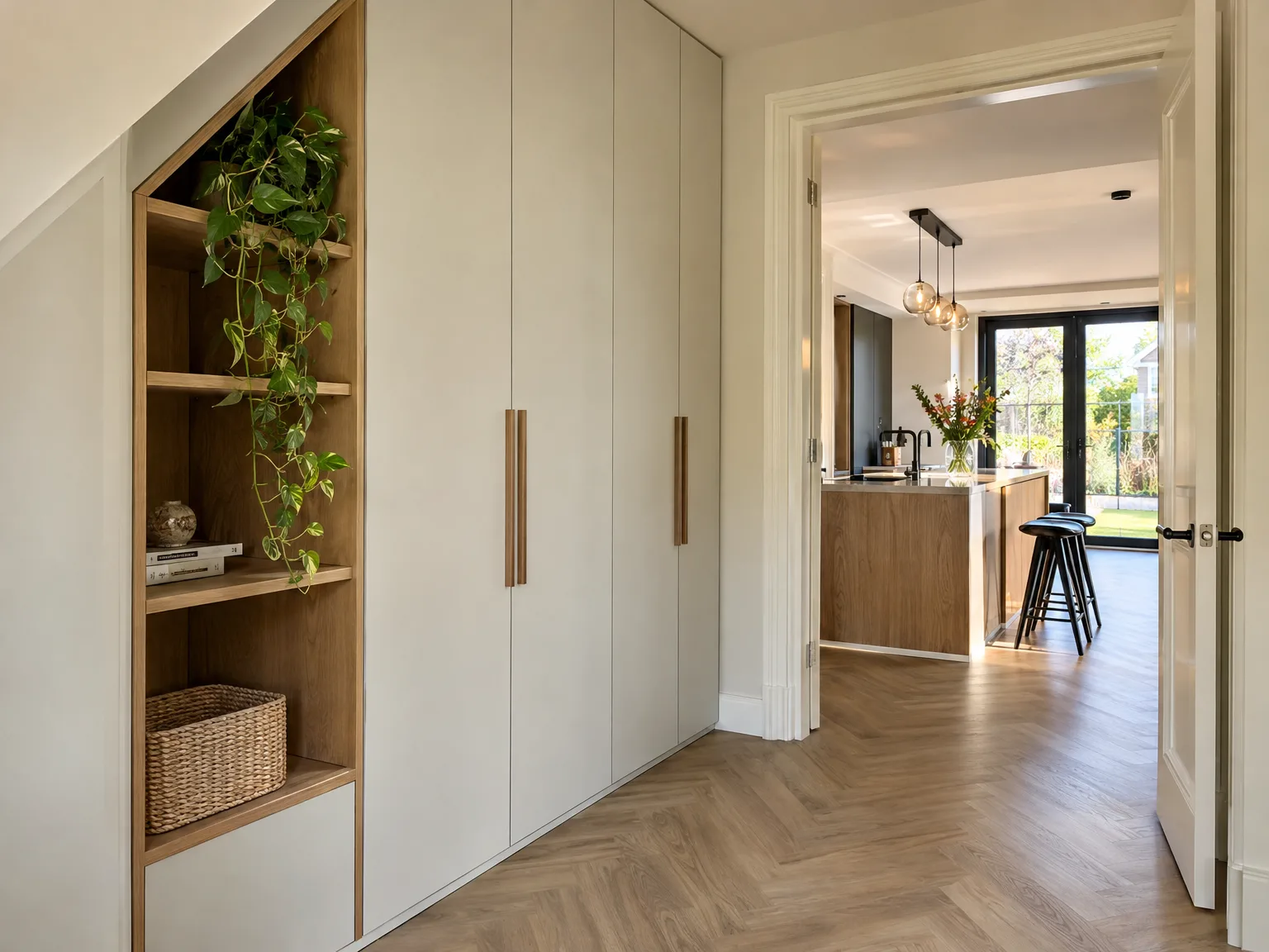 Witte inbouwkast met houten planken in moderne gang met parketvloer en keukenuitgang