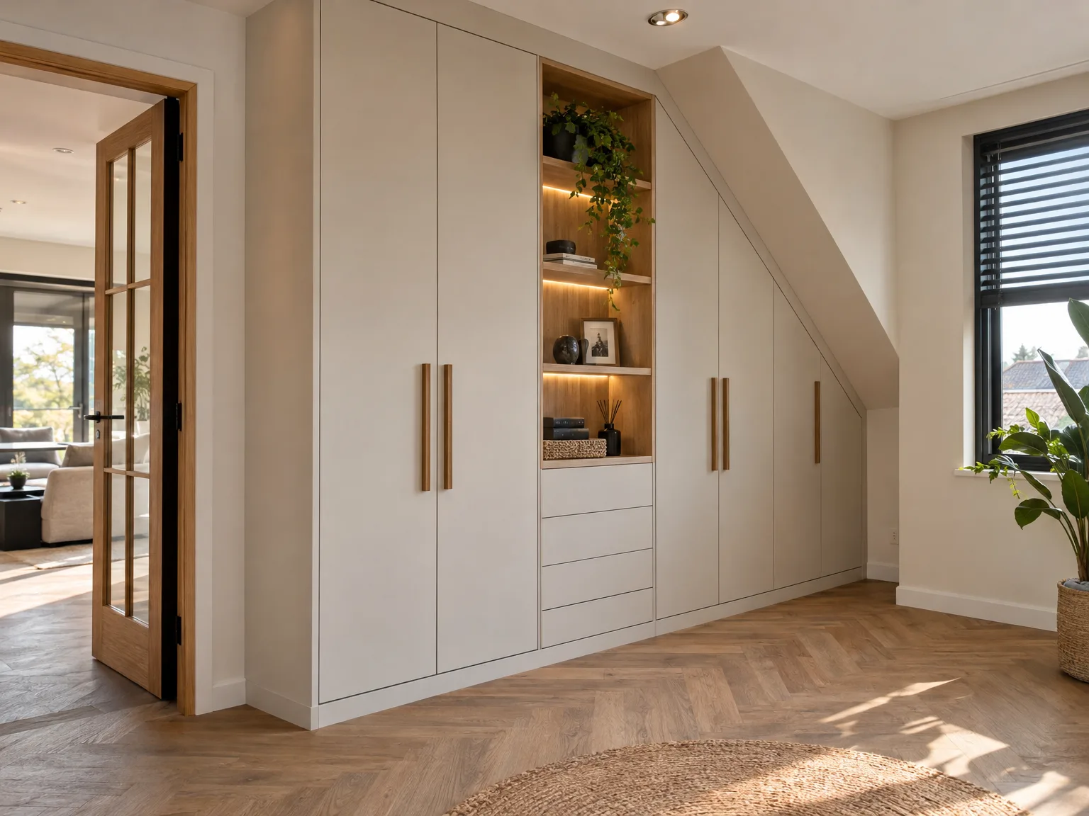 Moderne inbouwkast in beige met schuifdeuren, open planken en LED-verlichting