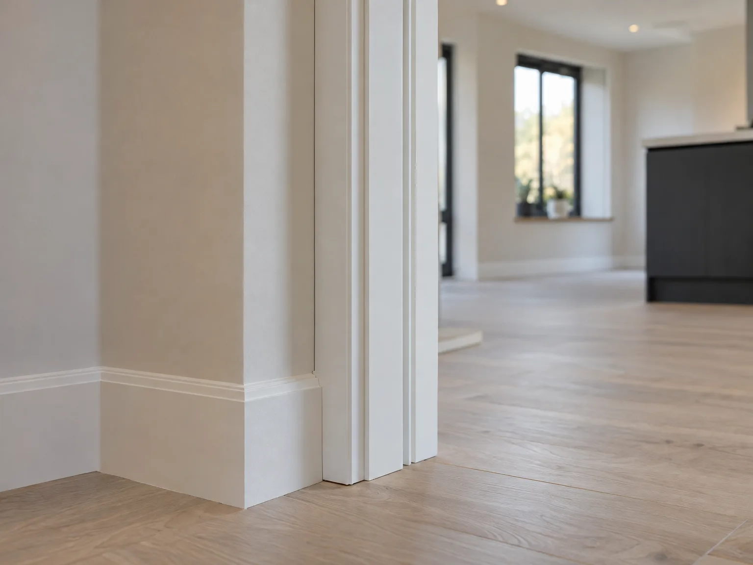Afgewerkte interieur met witte deuromlijsting en houten vloer