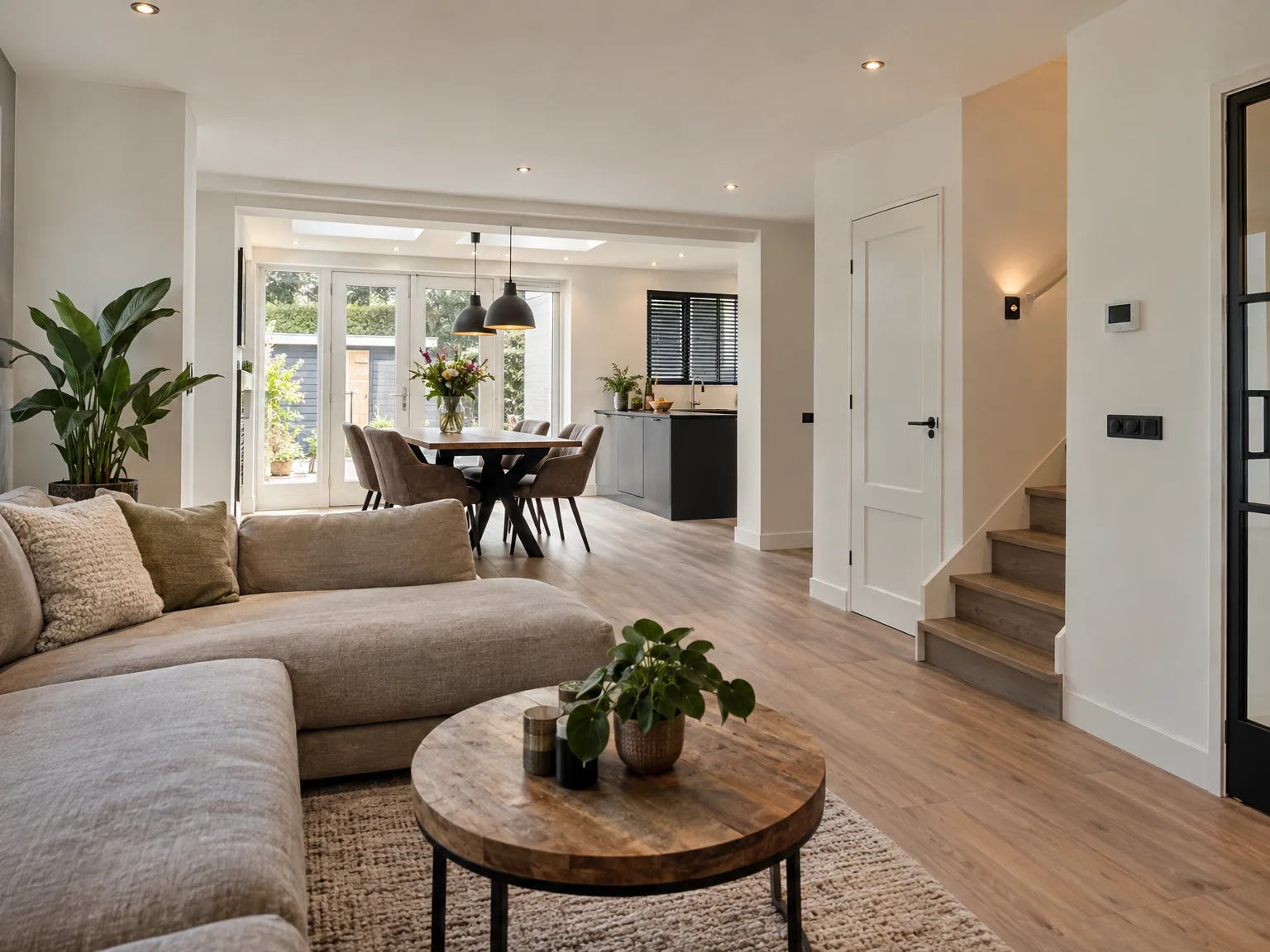 Afgewerkte woonkamer met houten vloer, witte muren en open keukendiner
