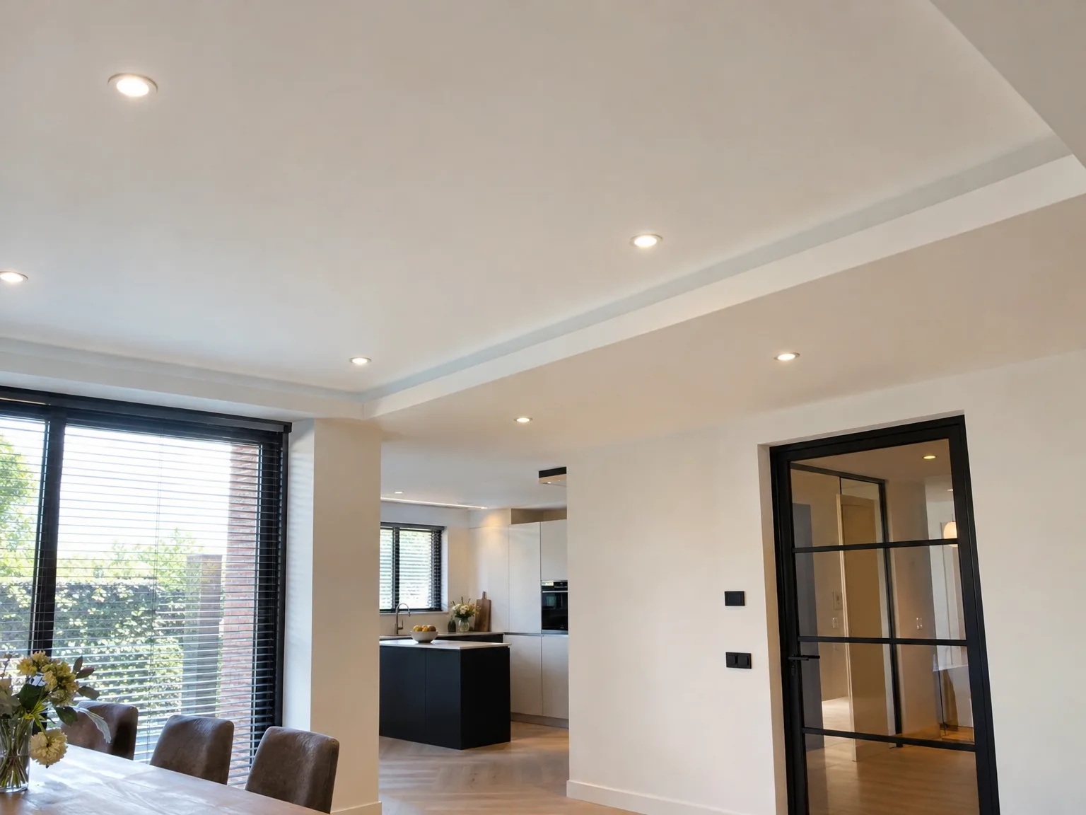 Verlaagd plafond met ingebouwde verlichting in moderne woonruimte met glazen deur