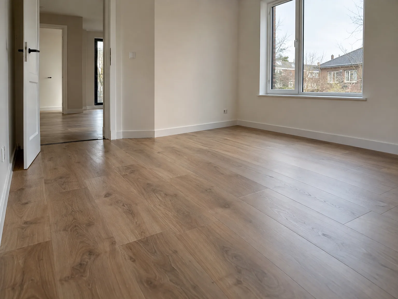 Lichte woonkamer met nieuwe laminaatbelegde vloer, gestucte wanden en wit raamwerk