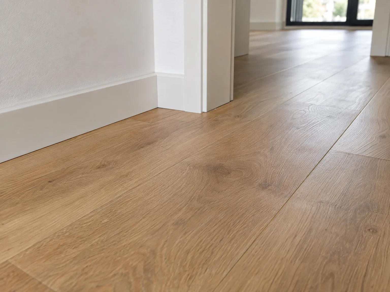Houten laminaatvloer met professionele afwerking in minimalistisch interieur met witte wanden