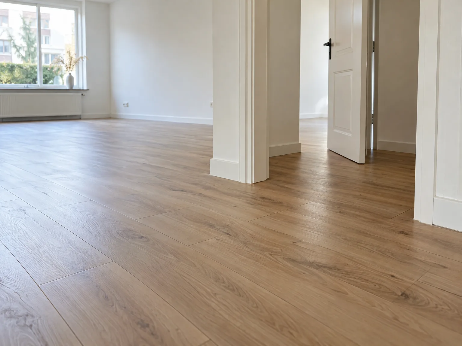 Houten vloer in gerenoveerde woonkamer met witte muren en afwerkingsdeuren
