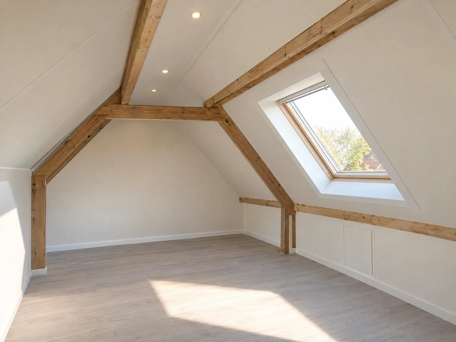 Afgewerkte mansarde met witte gipsplaat, houten dragende balken en groot dakraam