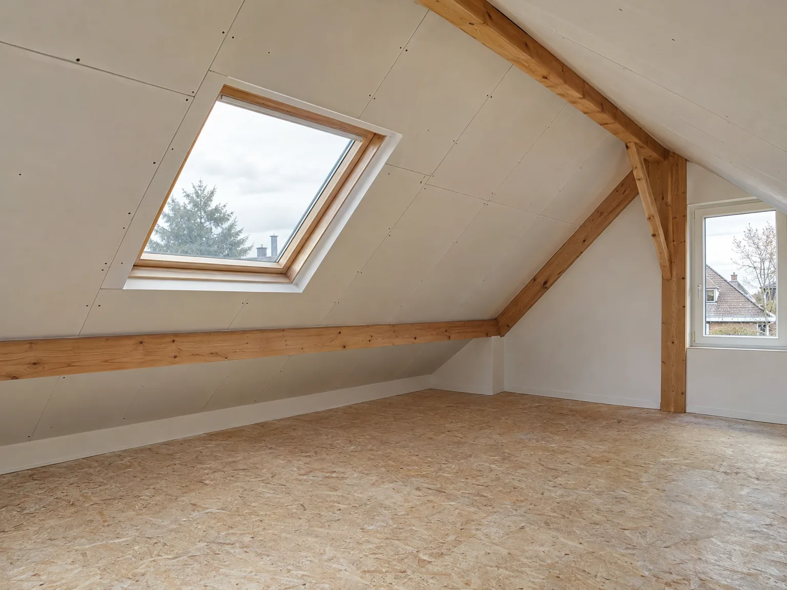 Zolderkamer na isolatie en afbouw met gipsplaten, houten balken en dakvenster