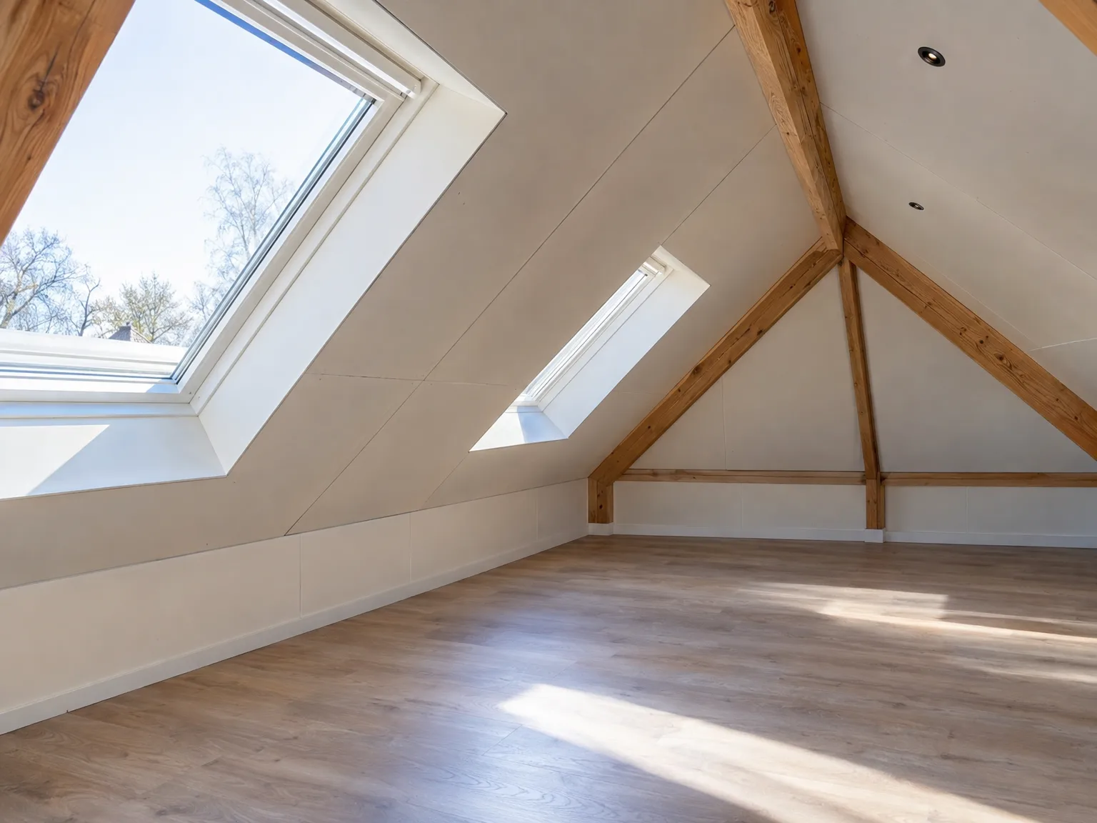 Zolderkamer afbouw: gipsplaten, houten balken, parkietvloer en dakvensters
